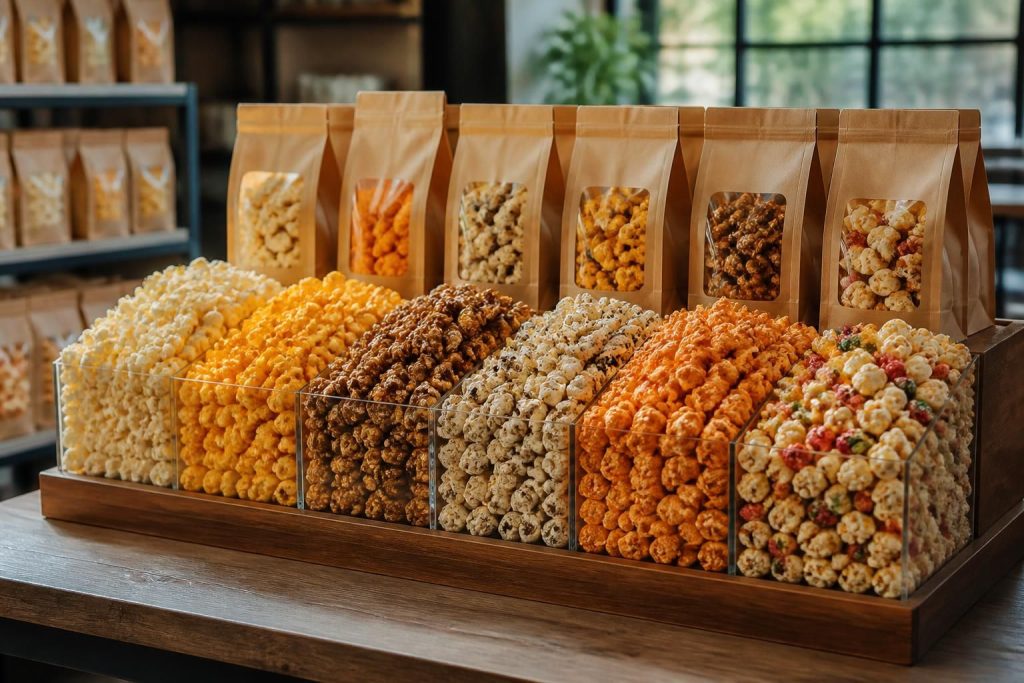 Filled popcorn bags and gourmet popcorn displayed in a clean commercial setting.