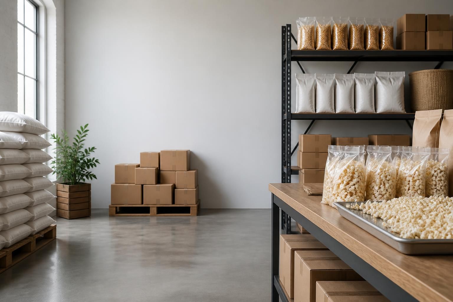 Organized popcorn bags and boxes with open space for website text.