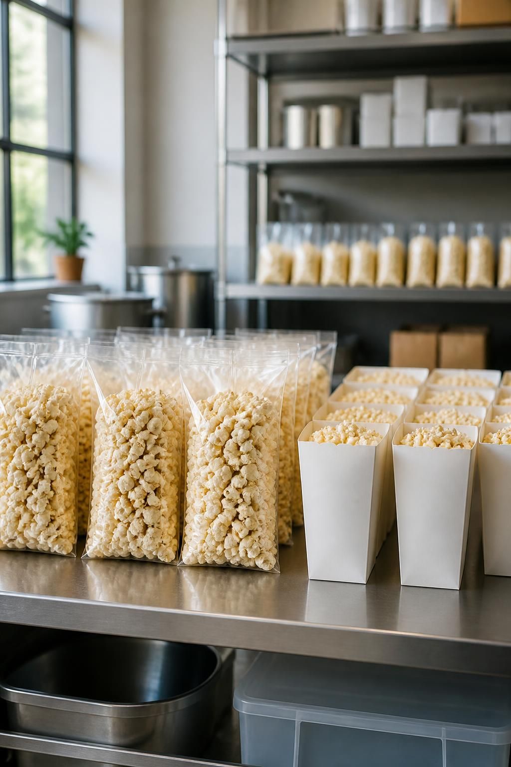 Neatly arranged popcorn bags and boxes in a clean packaging workspace.